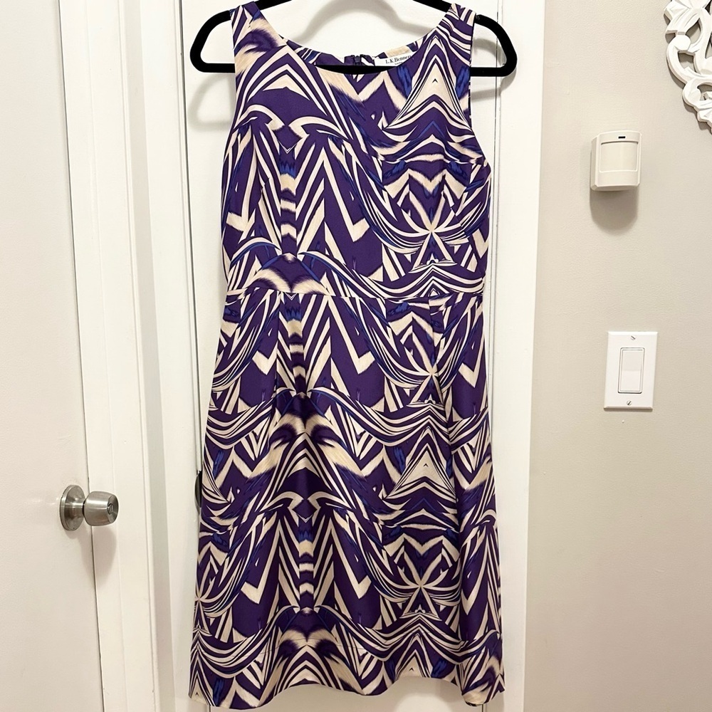 LK BENNETT Purple Abstract 100% Silk Dress 8 Sleeveless Lined A Line cream blue